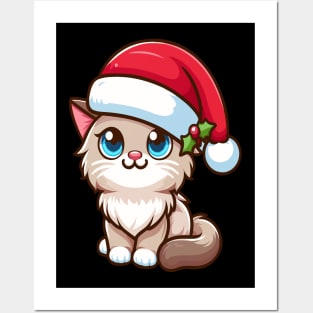 Birman Cat Wearing Santa Hat Merry Christmas Posters and Art